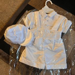 White infant boys christened outfit with hat